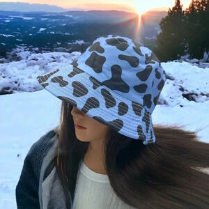 Boutique Blue and Black Cow Print Fully Reversible Bucket Hat Trendy OSFM